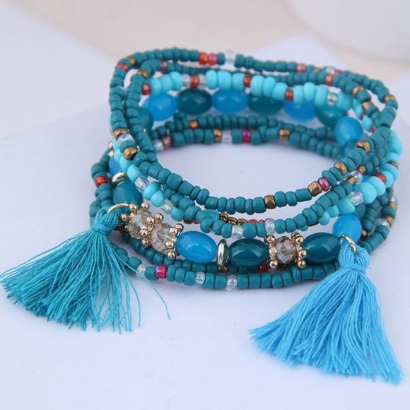 Jewelry - 3/$25 New Blue Beaded Tassel Bracelet Set